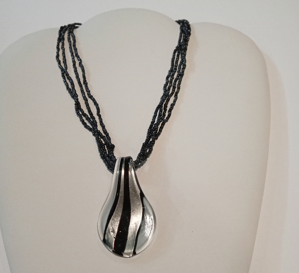 VTG Stunning Striped Teardrop Glass Pendant 4 Strands Glass Tiny Seed Beads 21"